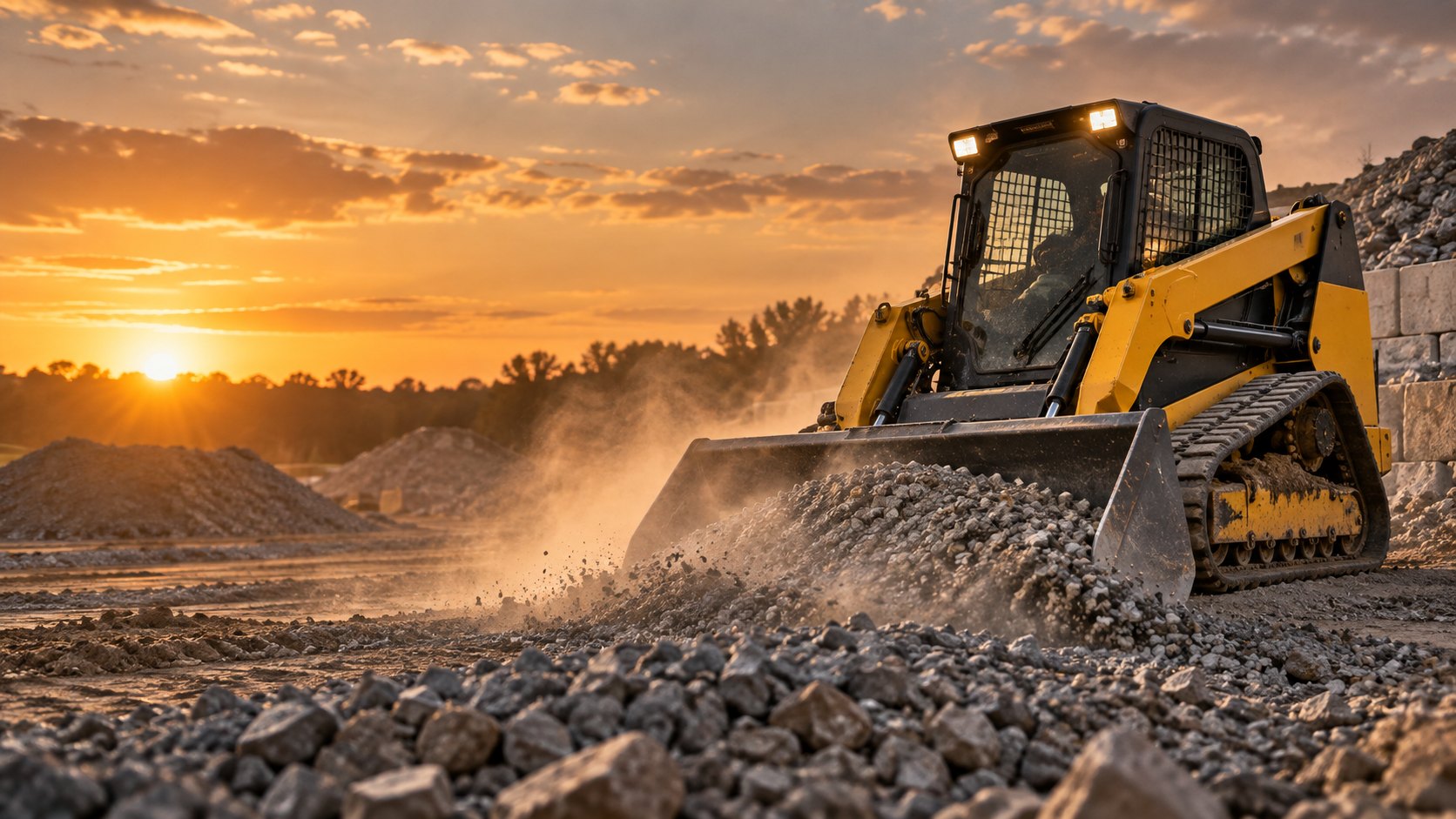 Rock Creek skid steer grading gravel at sunset