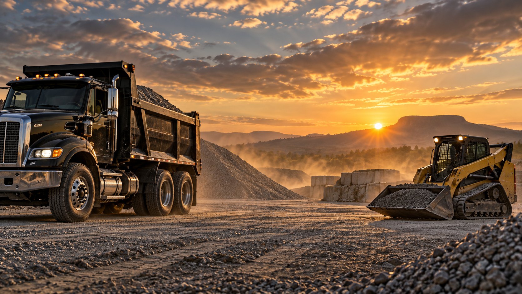 Rock Creek dump truck and skid steer at a gravel yard at sunset